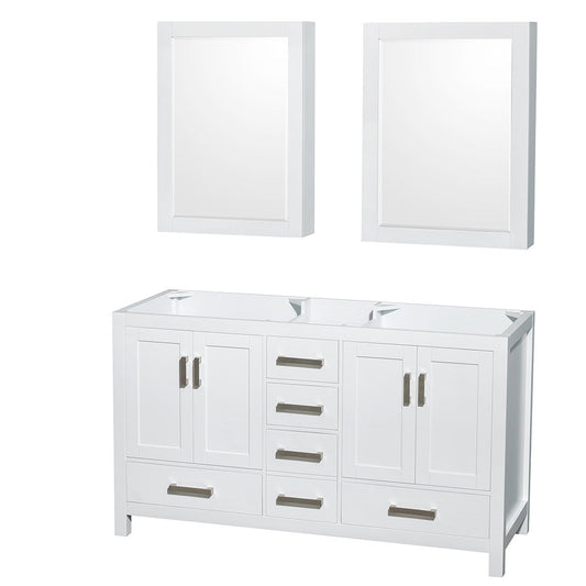 Wyndham Collection Sheffield 60" Double Bathroom Vanity in White, No Countertop, No Sinks, and Medicine Cabinet