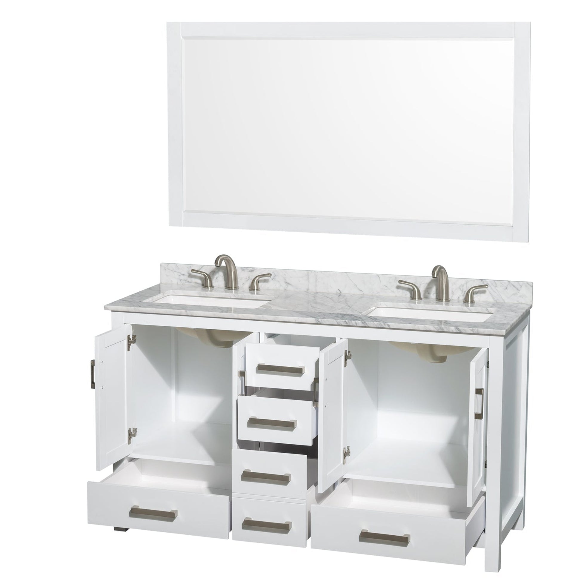 Wyndham Collection Sheffield 60" Double Bathroom Vanity in White, White Carrara Marble Countertop, Undermount 3-Hole Square Sinks, 58" Mirror