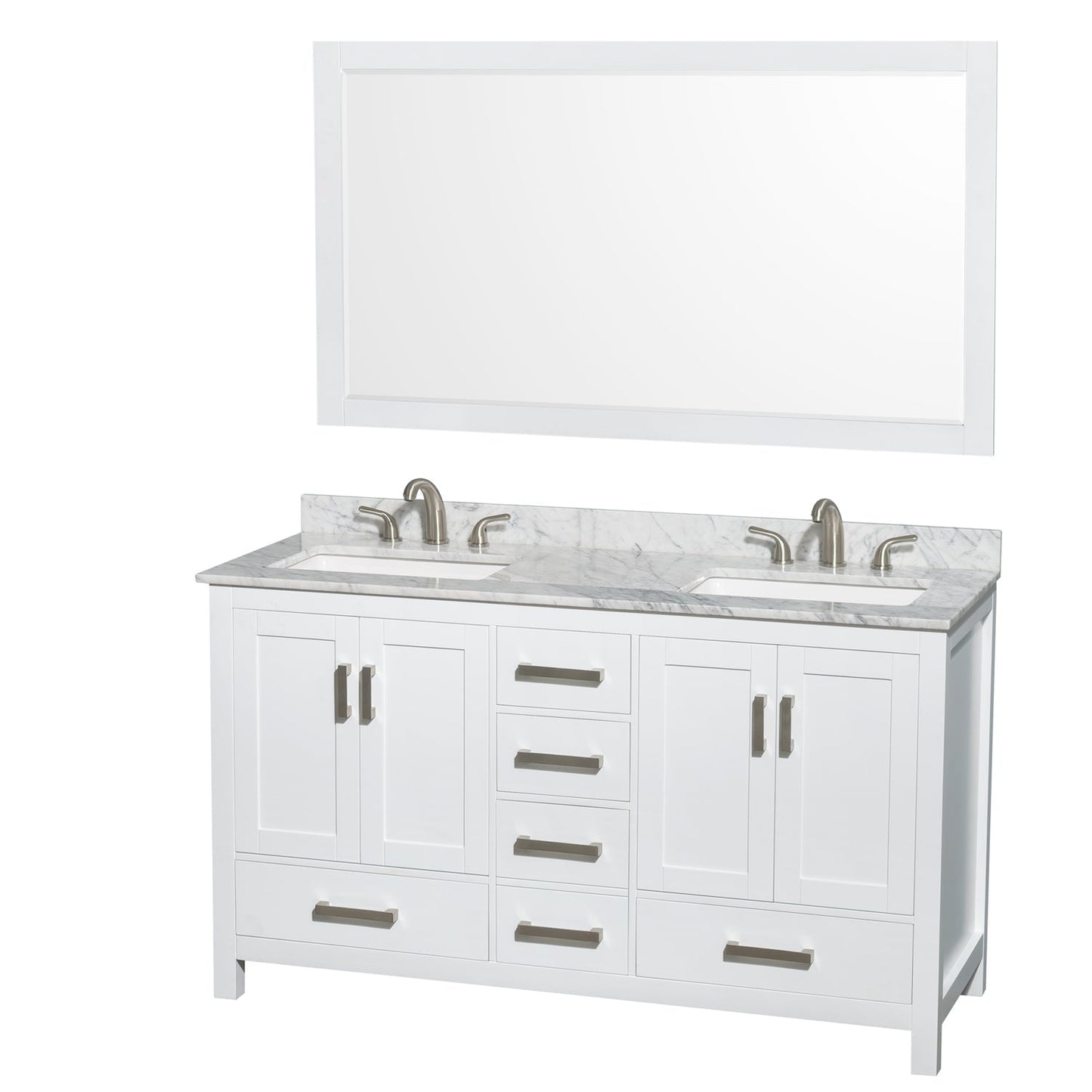 Wyndham Collection Sheffield 60" Double Bathroom Vanity in White, White Carrara Marble Countertop, Undermount 3-Hole Square Sinks, 58" Mirror