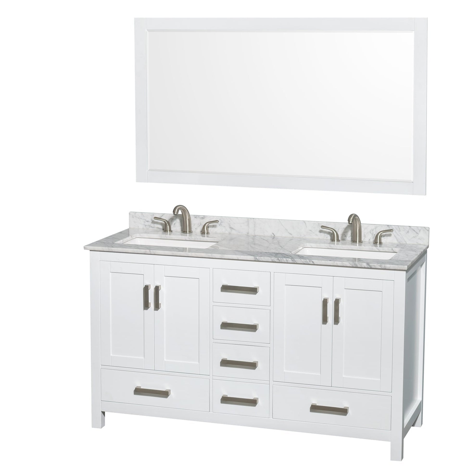 Wyndham Collection Sheffield 60" Double Bathroom Vanity in White, White Carrara Marble Countertop, Undermount 3-Hole Square Sinks, 58" Mirror