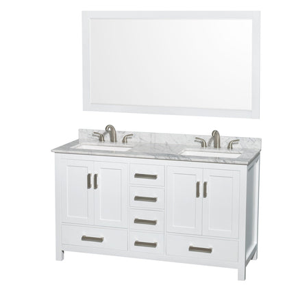 Wyndham Collection Sheffield 60" Double Bathroom Vanity in White, White Carrara Marble Countertop, Undermount 3-Hole Square Sinks, 58" Mirror