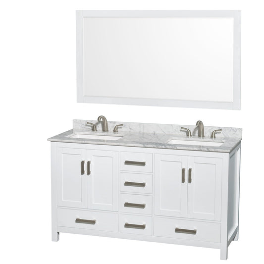 Wyndham Collection Sheffield 60" Double Bathroom Vanity in White, White Carrara Marble Countertop, Undermount 3-Hole Square Sinks, 58" Mirror