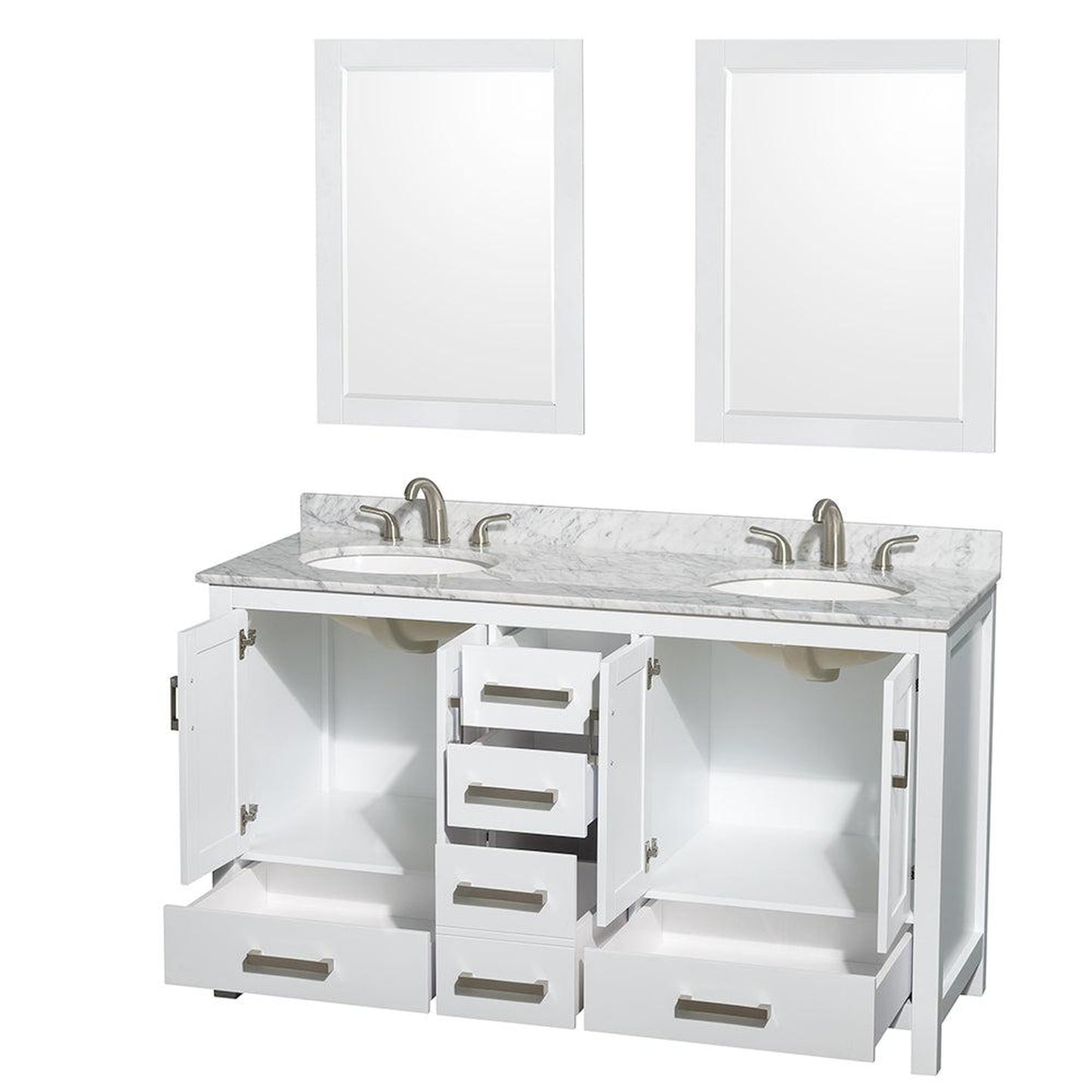 Wyndham Collection Sheffield 60" Double Bathroom Vanity in White, White Carrara Marble Countertop, Undermount Oval Sinks, and 24" Mirror