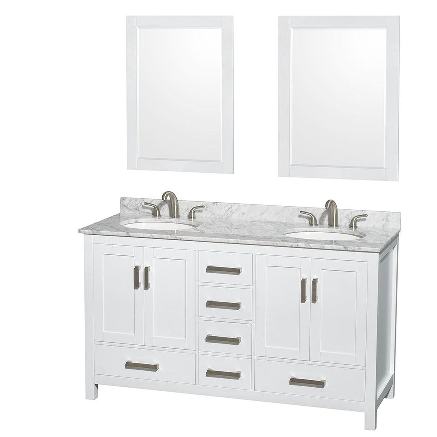 Wyndham Collection Sheffield 60" Double Bathroom Vanity in White, White Carrara Marble Countertop, Undermount Oval Sinks, and 24" Mirror