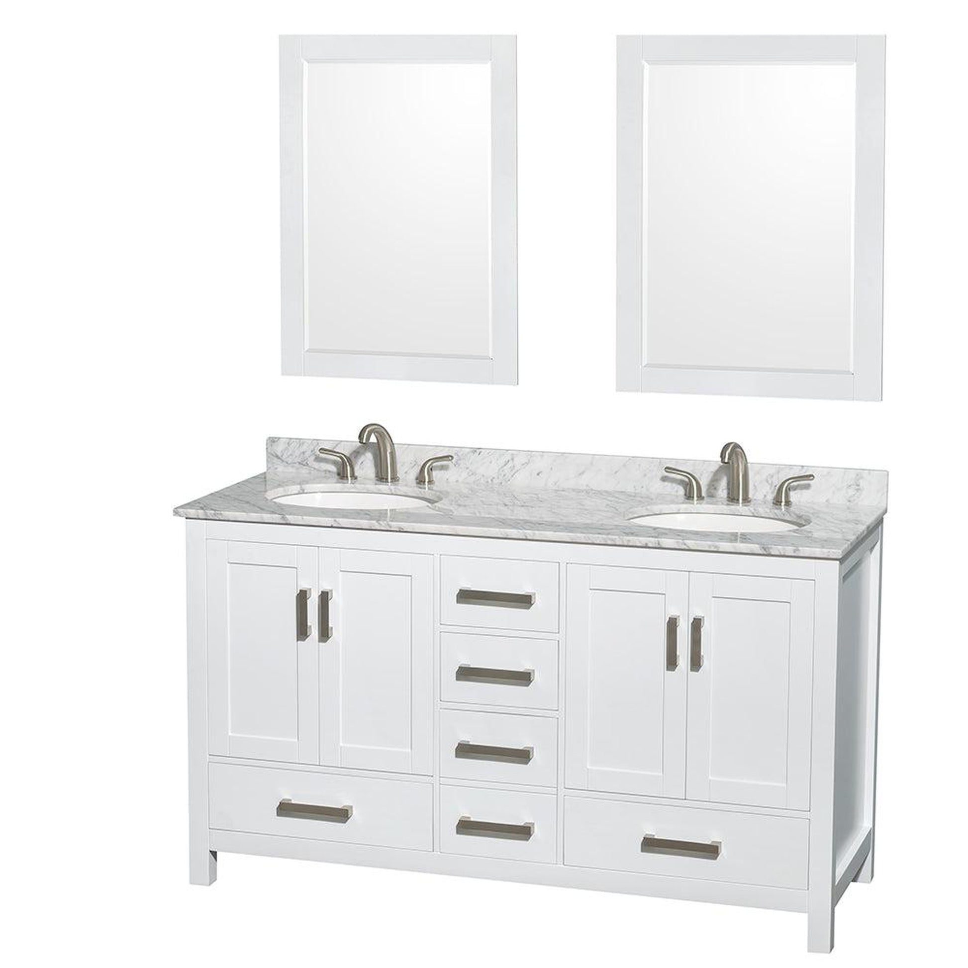 Wyndham Collection Sheffield 60" Double Bathroom Vanity in White, White Carrara Marble Countertop, Undermount Oval Sinks, and 24" Mirror