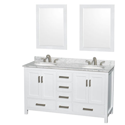 Wyndham Collection Sheffield 60" Double Bathroom Vanity in White, White Carrara Marble Countertop, Undermount Oval Sinks, and 24" Mirror