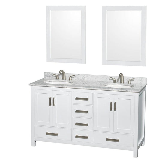Wyndham Collection Sheffield 60" Double Bathroom Vanity in White, White Carrara Marble Countertop, Undermount Oval Sinks, and 24" Mirror