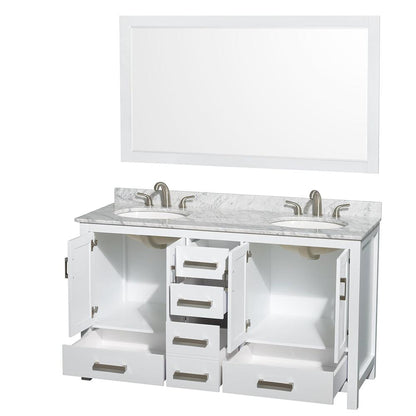 Wyndham Collection Sheffield 60" Double Bathroom Vanity in White, White Carrara Marble Countertop, Undermount Oval Sinks, and 58" Mirror