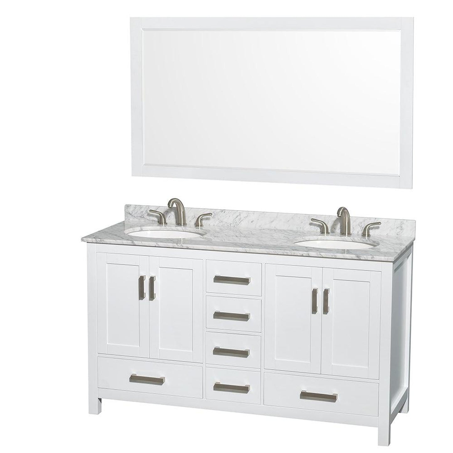 Wyndham Collection Sheffield 60" Double Bathroom Vanity in White, White Carrara Marble Countertop, Undermount Oval Sinks, and 58" Mirror