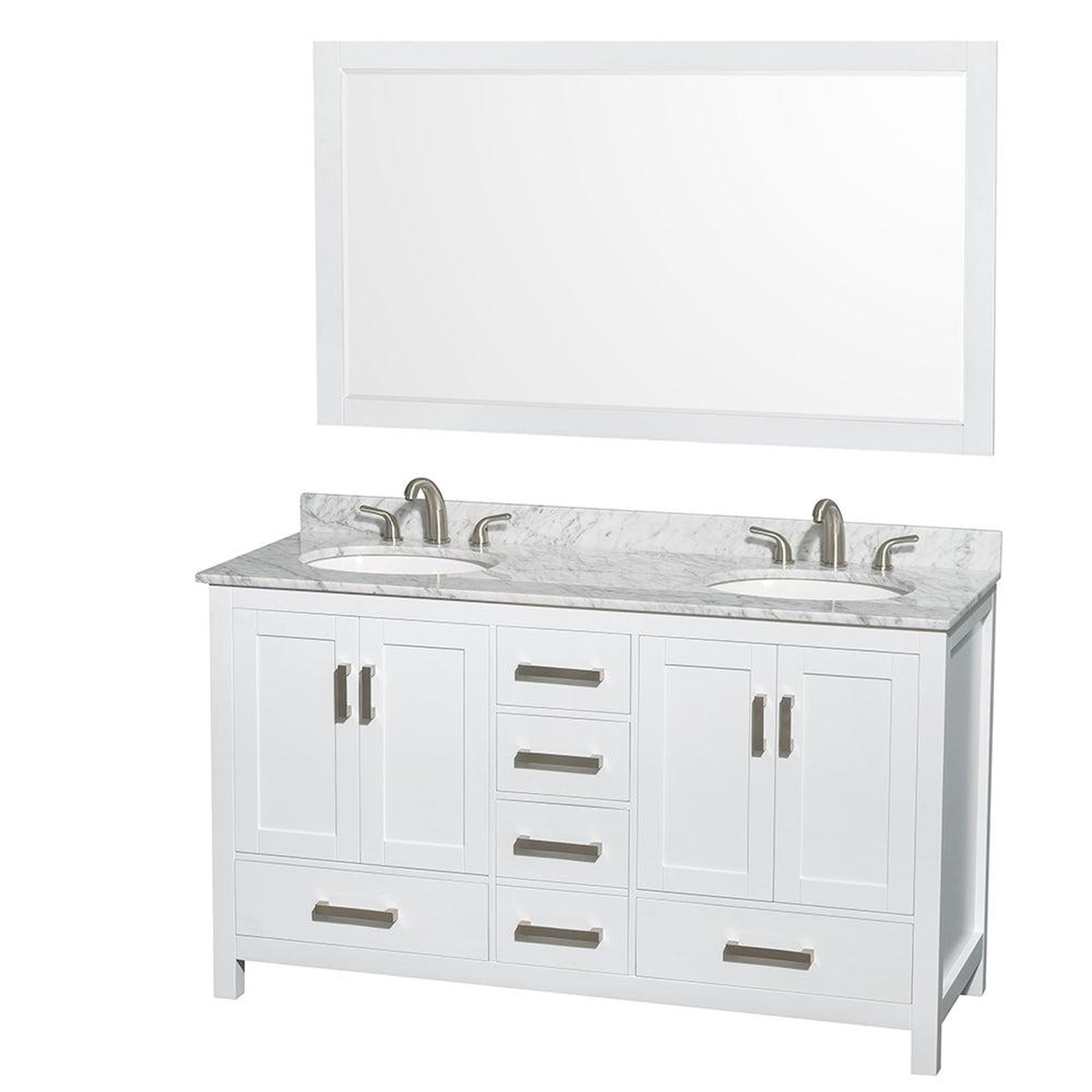 Wyndham Collection Sheffield 60" Double Bathroom Vanity in White, White Carrara Marble Countertop, Undermount Oval Sinks, and 58" Mirror