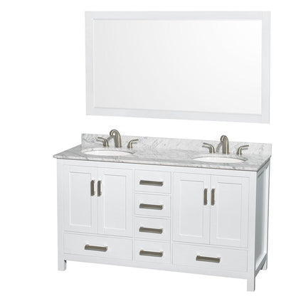 Wyndham Collection Sheffield 60" Double Bathroom Vanity in White, White Carrara Marble Countertop, Undermount Oval Sinks, and 58" Mirror