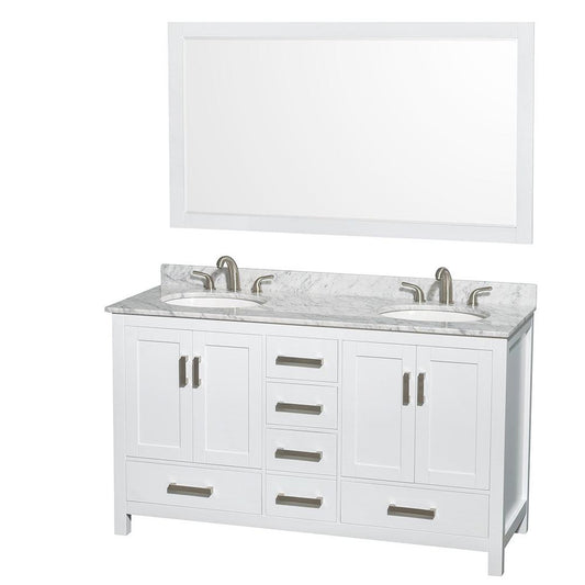 Wyndham Collection Sheffield 60" Double Bathroom Vanity in White, White Carrara Marble Countertop, Undermount Oval Sinks, and 58" Mirror