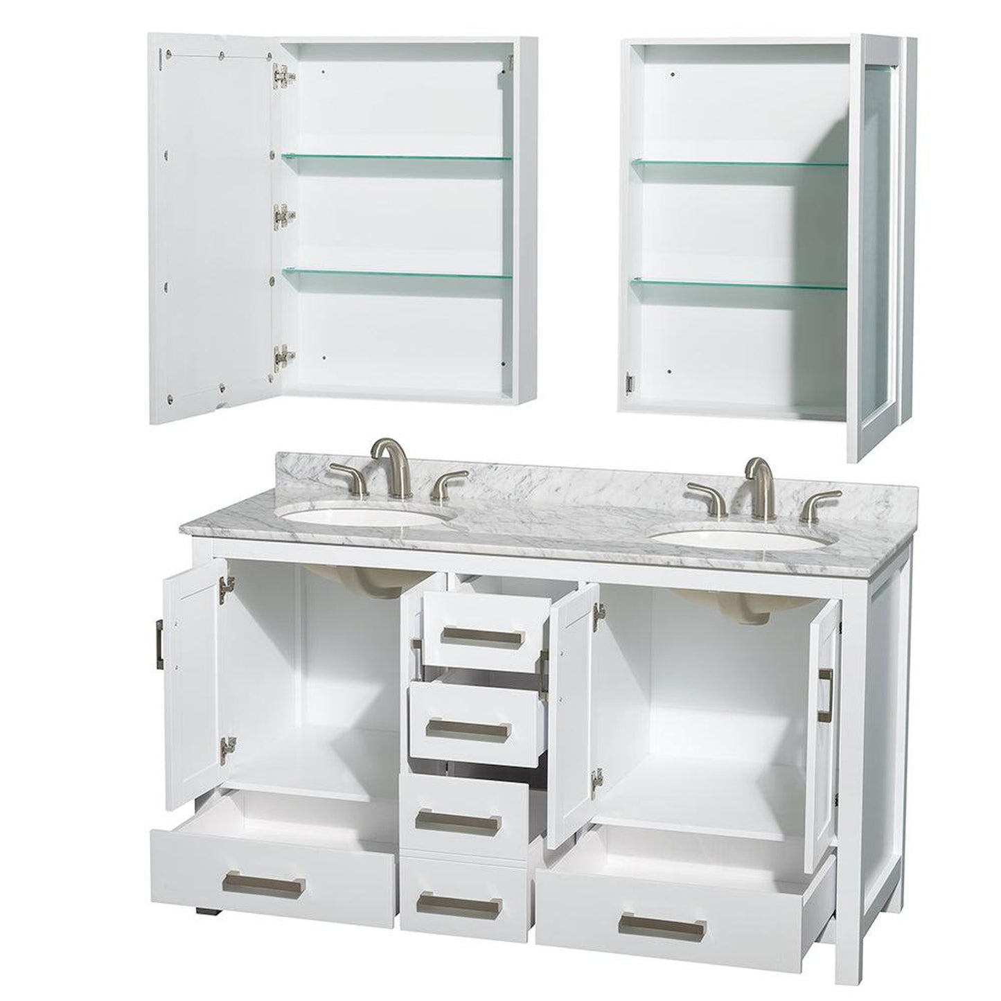 Wyndham Collection Sheffield 60" Double Bathroom Vanity in White, White Carrara Marble Countertop, Undermount Oval Sinks, and Medicine Cabinet