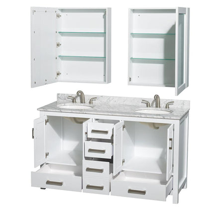 Wyndham Collection Sheffield 60" Double Bathroom Vanity in White, White Carrara Marble Countertop, Undermount Oval Sinks, and Medicine Cabinet