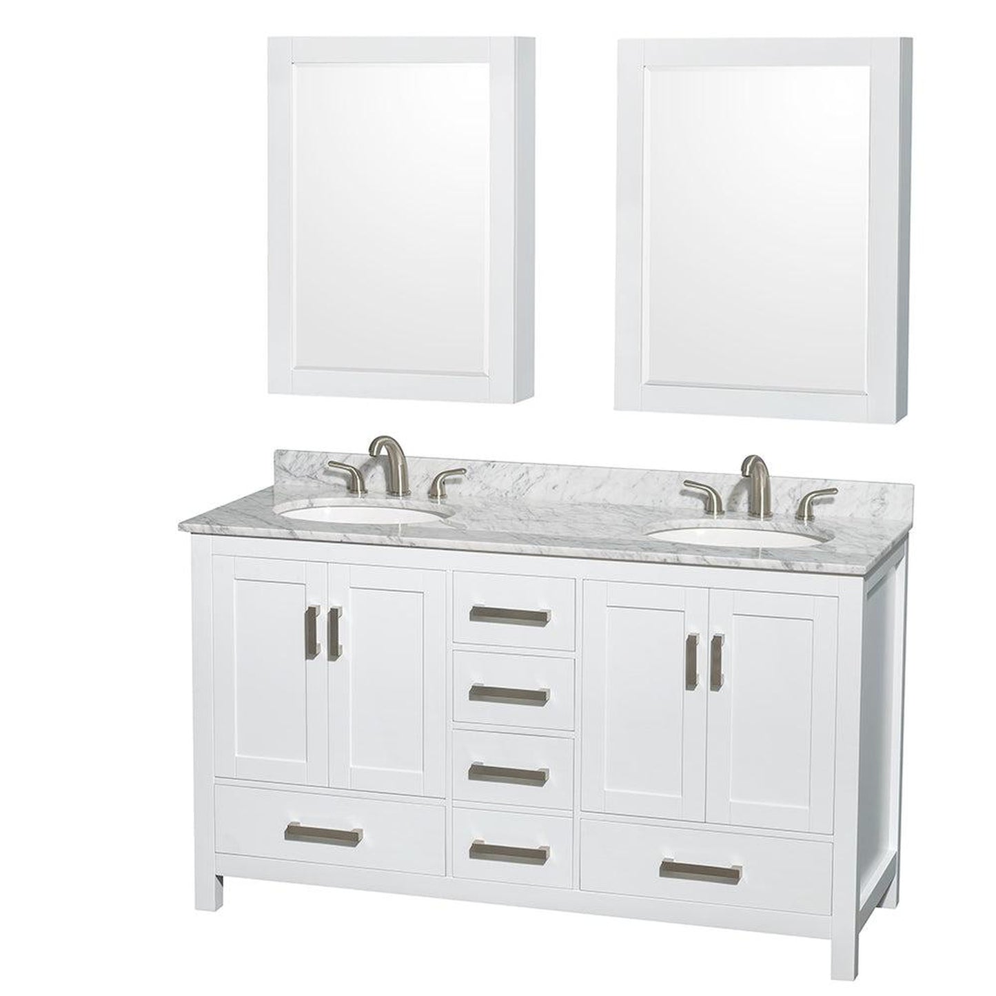 Wyndham Collection Sheffield 60" Double Bathroom Vanity in White, White Carrara Marble Countertop, Undermount Oval Sinks, and Medicine Cabinet