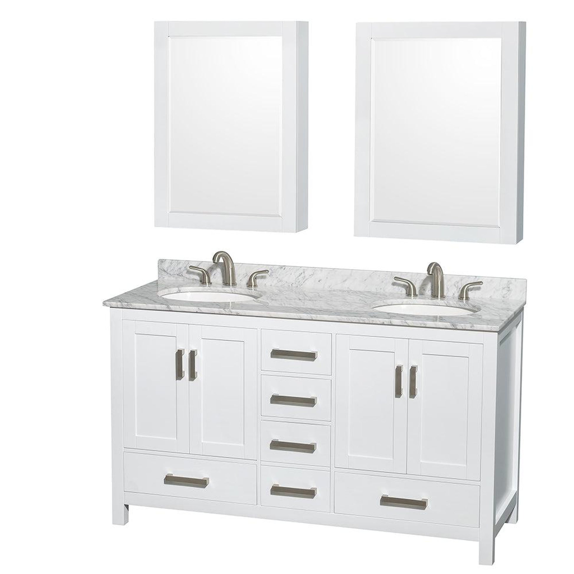 Wyndham Collection Sheffield 60" Double Bathroom Vanity in White, White Carrara Marble Countertop, Undermount Oval Sinks, and Medicine Cabinet