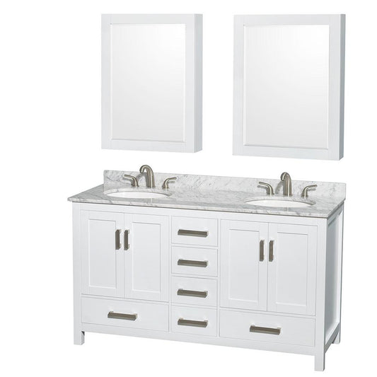 Wyndham Collection Sheffield 60" Double Bathroom Vanity in White, White Carrara Marble Countertop, Undermount Oval Sinks, and Medicine Cabinet