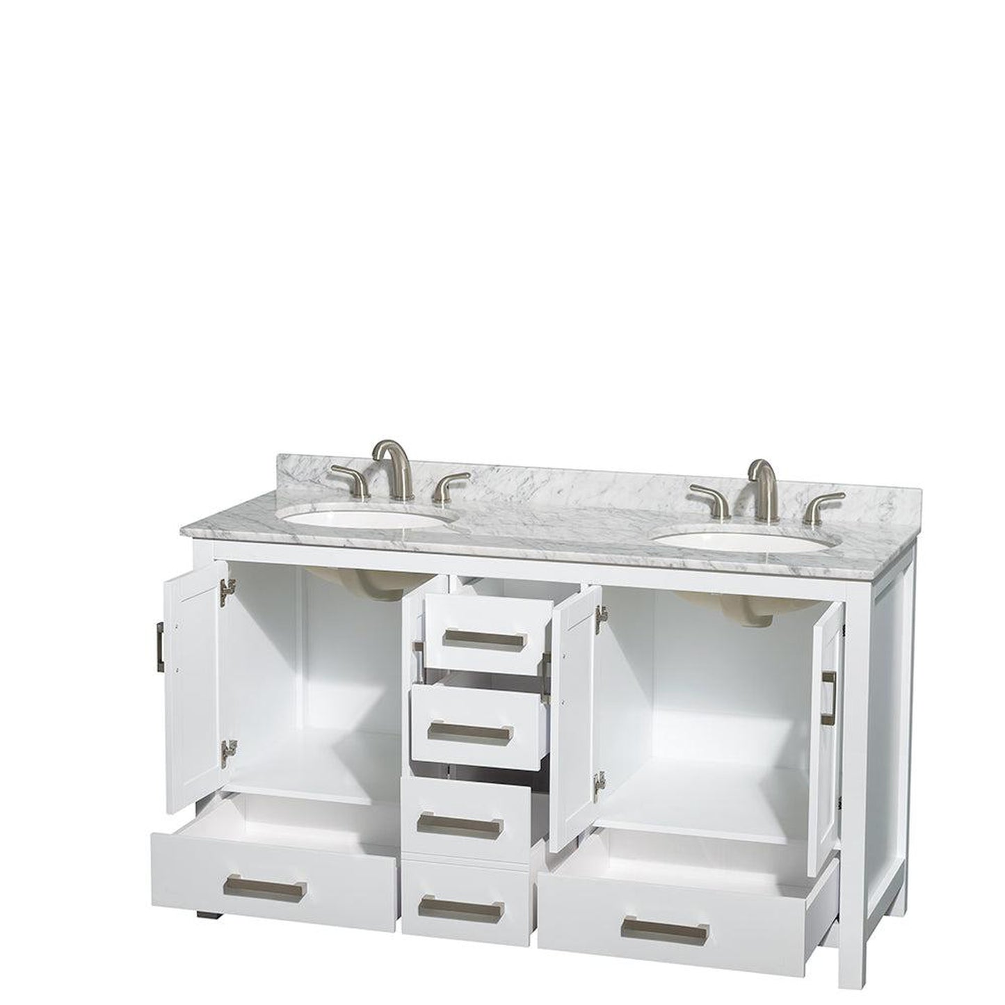 Wyndham Collection Sheffield 60" Double Bathroom Vanity in White, White Carrara Marble Countertop, Undermount Oval Sinks, and No Mirror