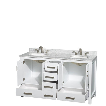 Wyndham Collection Sheffield 60" Double Bathroom Vanity in White, White Carrara Marble Countertop, Undermount Oval Sinks, and No Mirror