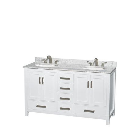 Wyndham Collection Sheffield 60" Double Bathroom Vanity in White, White Carrara Marble Countertop, Undermount Oval Sinks, and No Mirror
