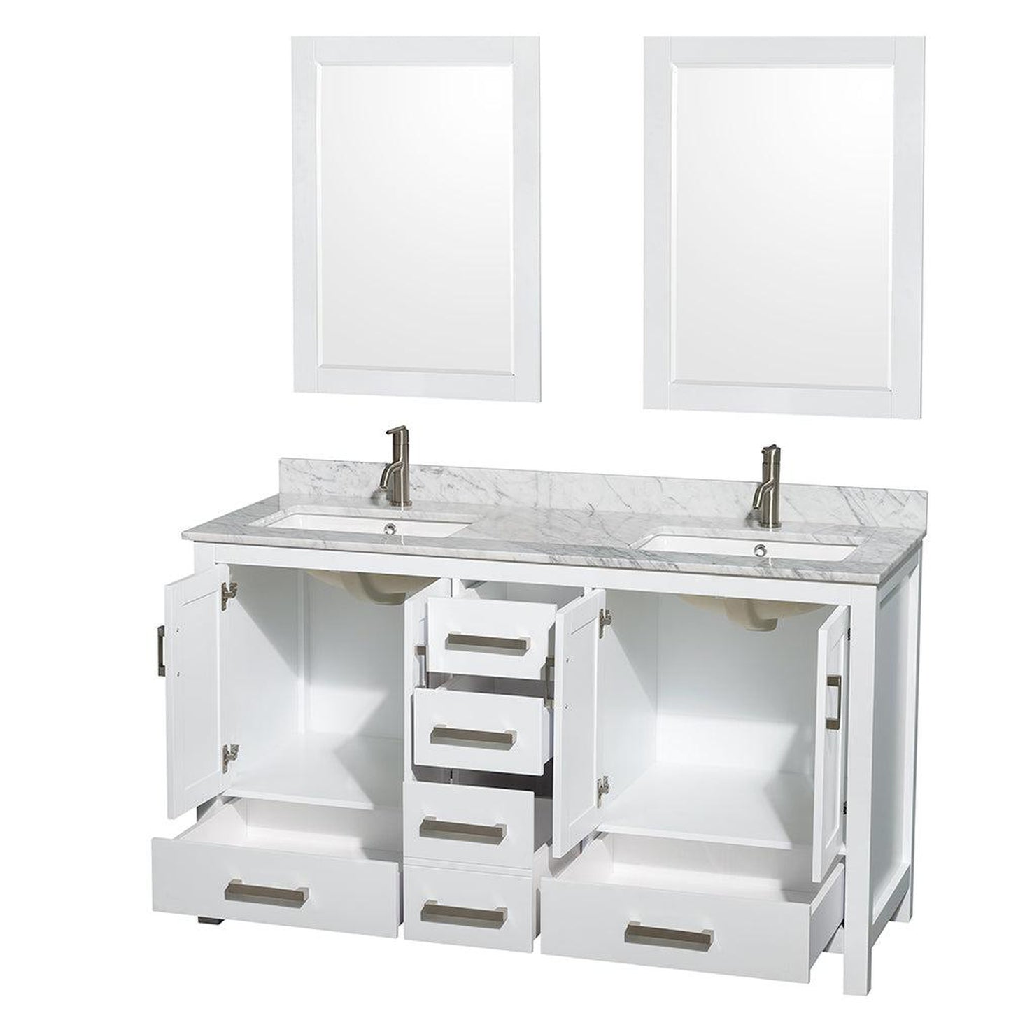 Wyndham Collection Sheffield 60" Double Bathroom Vanity in White, White Carrara Marble Countertop, Undermount Square Sinks, and 24" Mirror