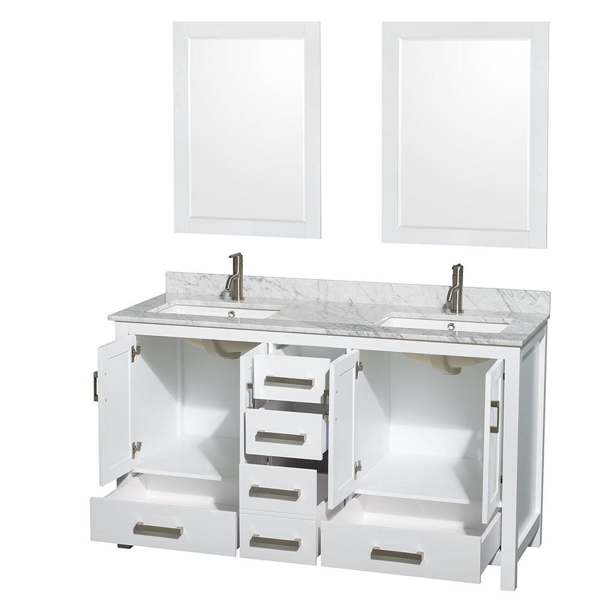 Wyndham Collection Sheffield 60" Double Bathroom Vanity in White, White Carrara Marble Countertop, Undermount Square Sinks, and 24" Mirror
