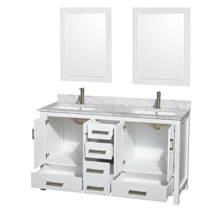 Wyndham Collection Sheffield 60" Double Bathroom Vanity in White, White Carrara Marble Countertop, Undermount Square Sinks, and 24" Mirror