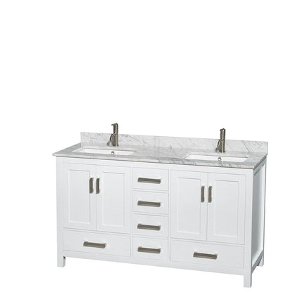 Wyndham Collection Sheffield 60" Double Bathroom Vanity in White, White Carrara Marble Countertop, Undermount Square Sinks, and 24" Mirror
