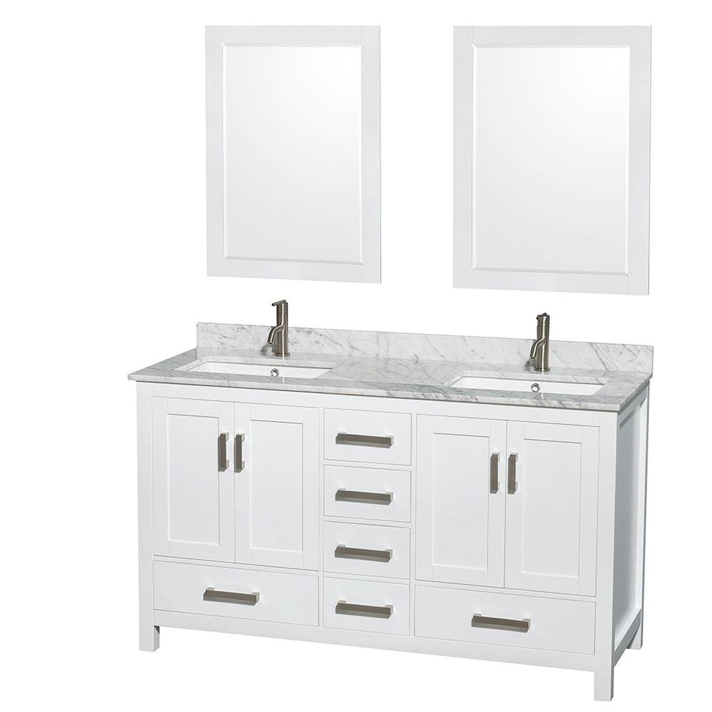 Wyndham Collection Sheffield 60" Double Bathroom Vanity in White, White Carrara Marble Countertop, Undermount Square Sinks, and 24" Mirror