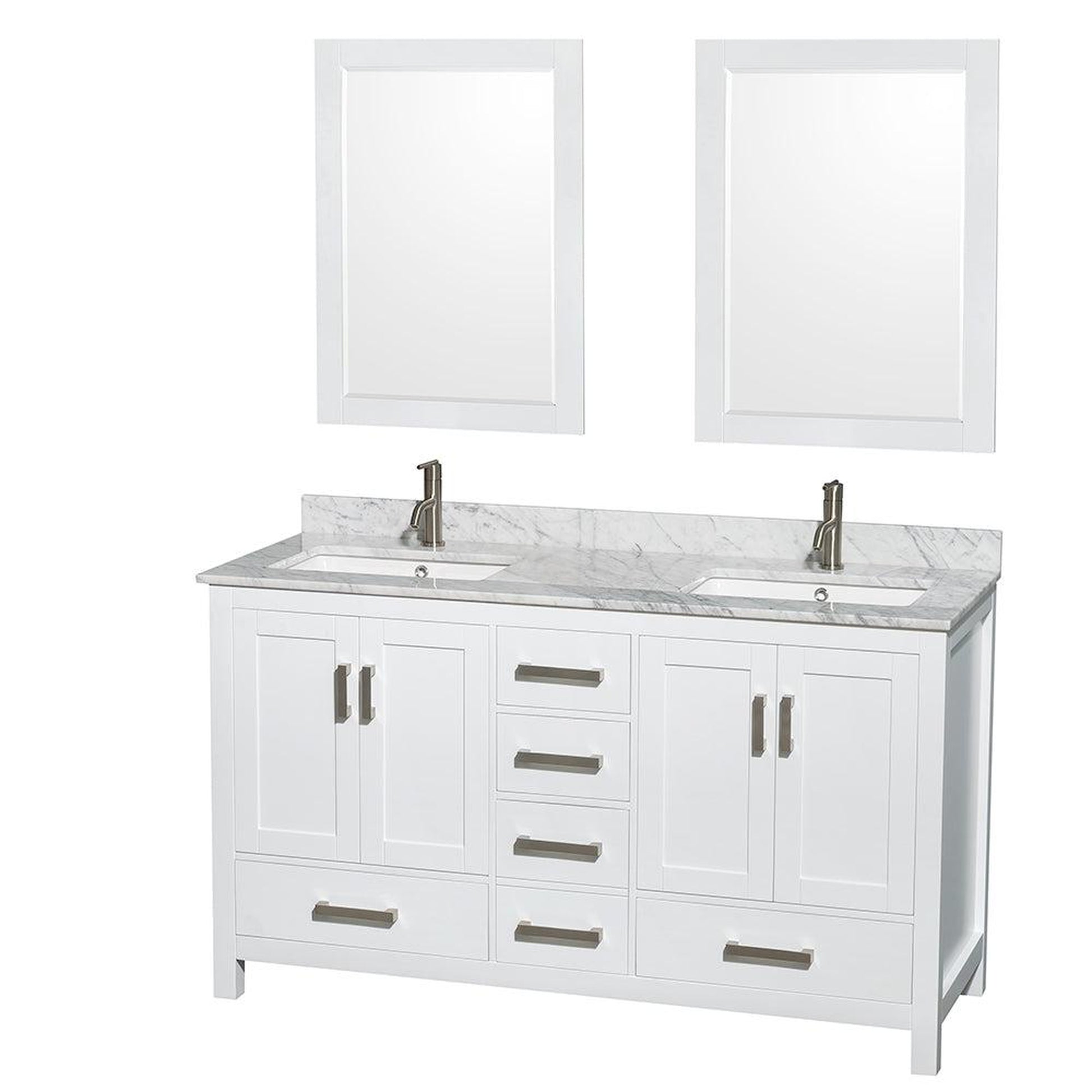 Wyndham Collection Sheffield 60" Double Bathroom Vanity in White, White Carrara Marble Countertop, Undermount Square Sinks, and 24" Mirror