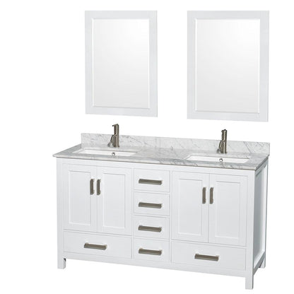Wyndham Collection Sheffield 60" Double Bathroom Vanity in White, White Carrara Marble Countertop, Undermount Square Sinks, and 24" Mirror