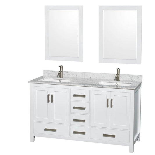 Wyndham Collection Sheffield 60" Double Bathroom Vanity in White, White Carrara Marble Countertop, Undermount Square Sinks, and 24" Mirror