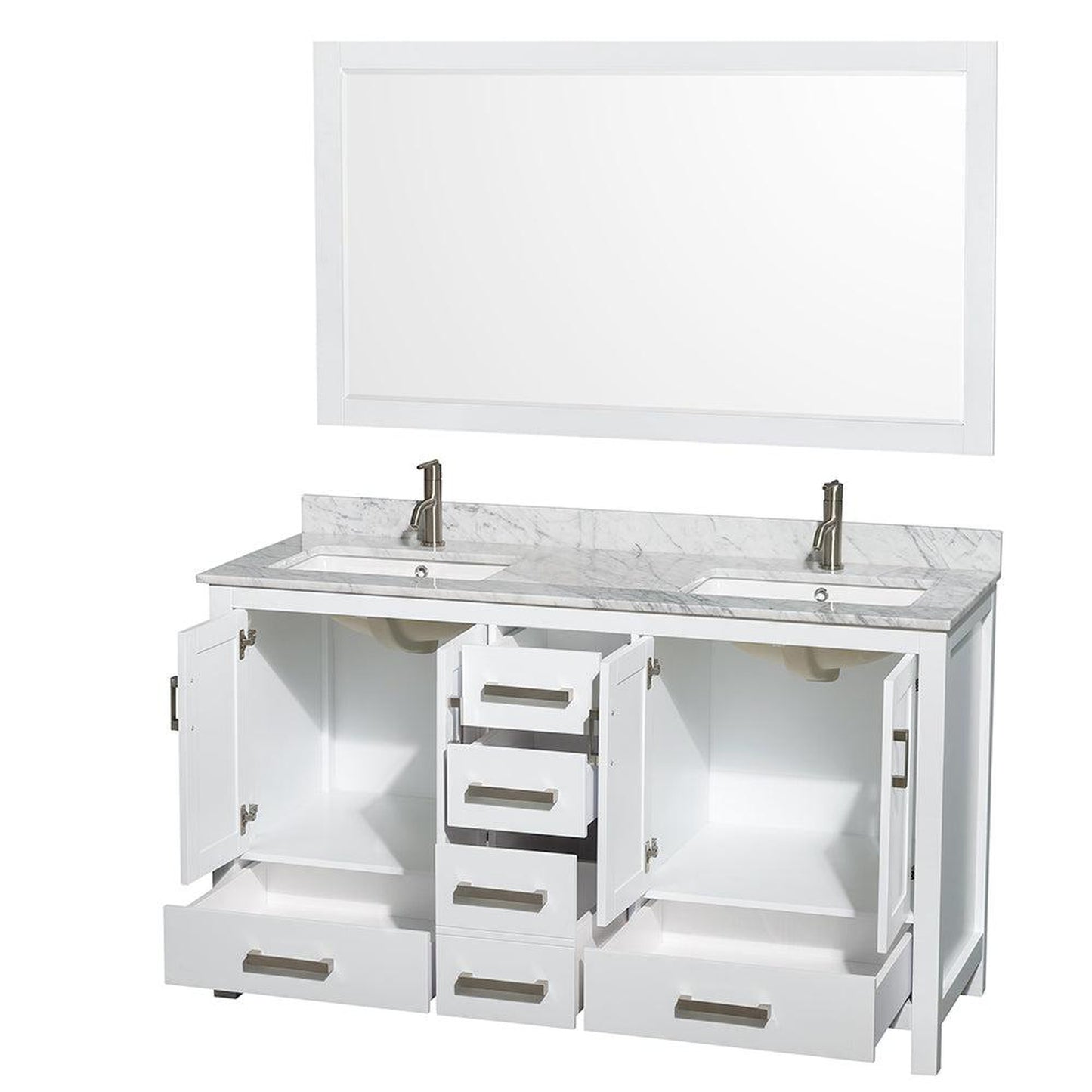 Wyndham Collection Sheffield 60" Double Bathroom Vanity in White, White Carrara Marble Countertop, Undermount Square Sinks, and 58" Mirror