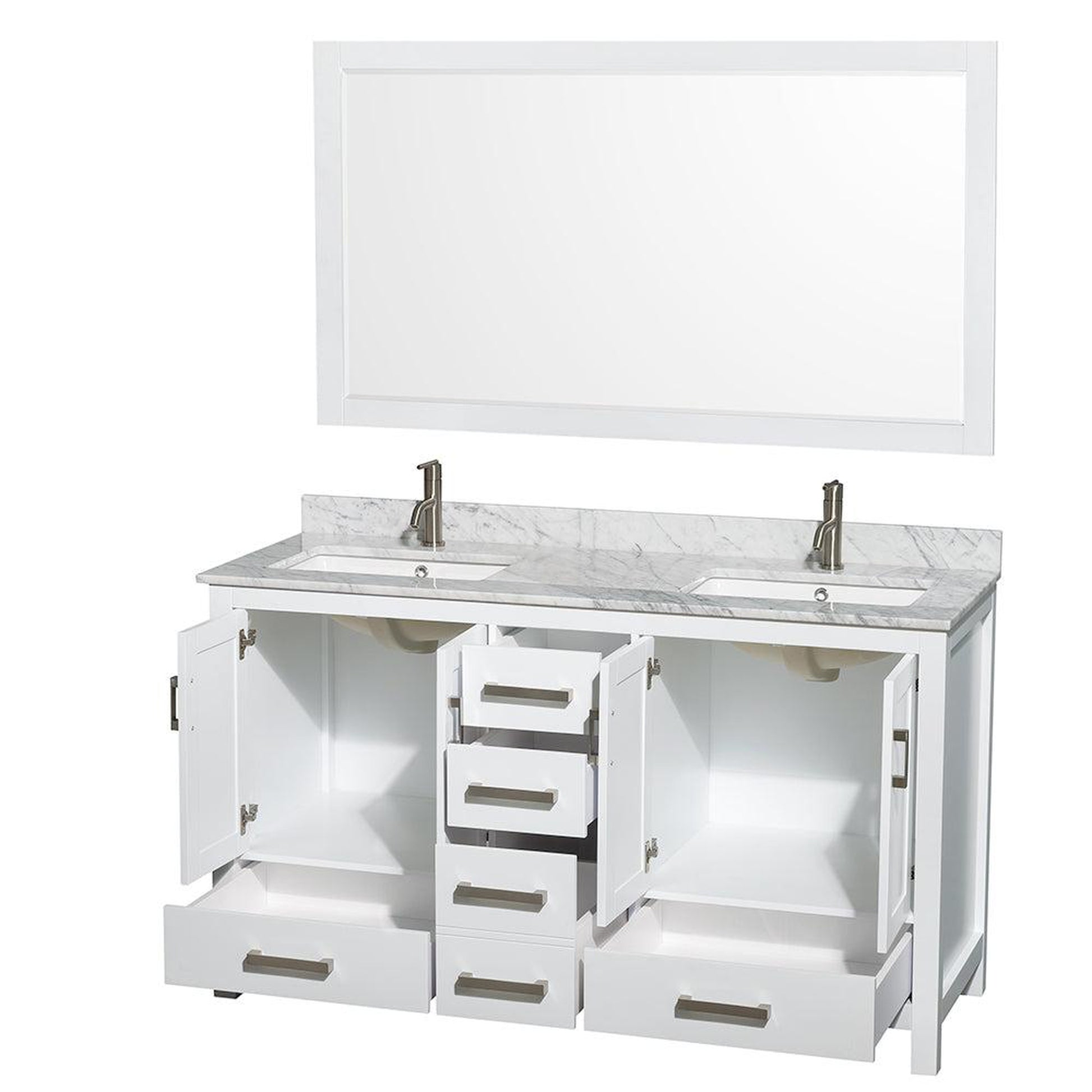 Wyndham Collection Sheffield 60" Double Bathroom Vanity in White, White Carrara Marble Countertop, Undermount Square Sinks, and 58" Mirror