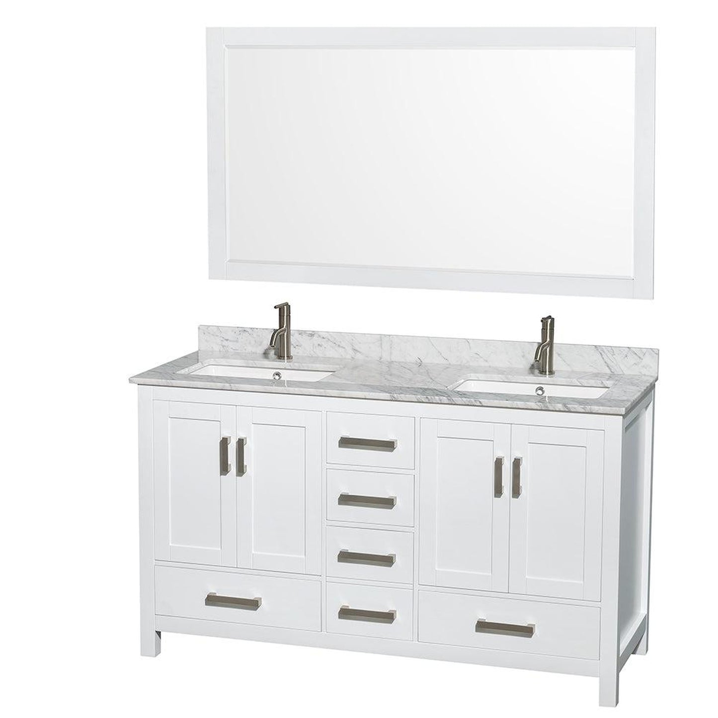 Wyndham Collection Sheffield 60" Double Bathroom Vanity in White, White Carrara Marble Countertop, Undermount Square Sinks, and 58" Mirror