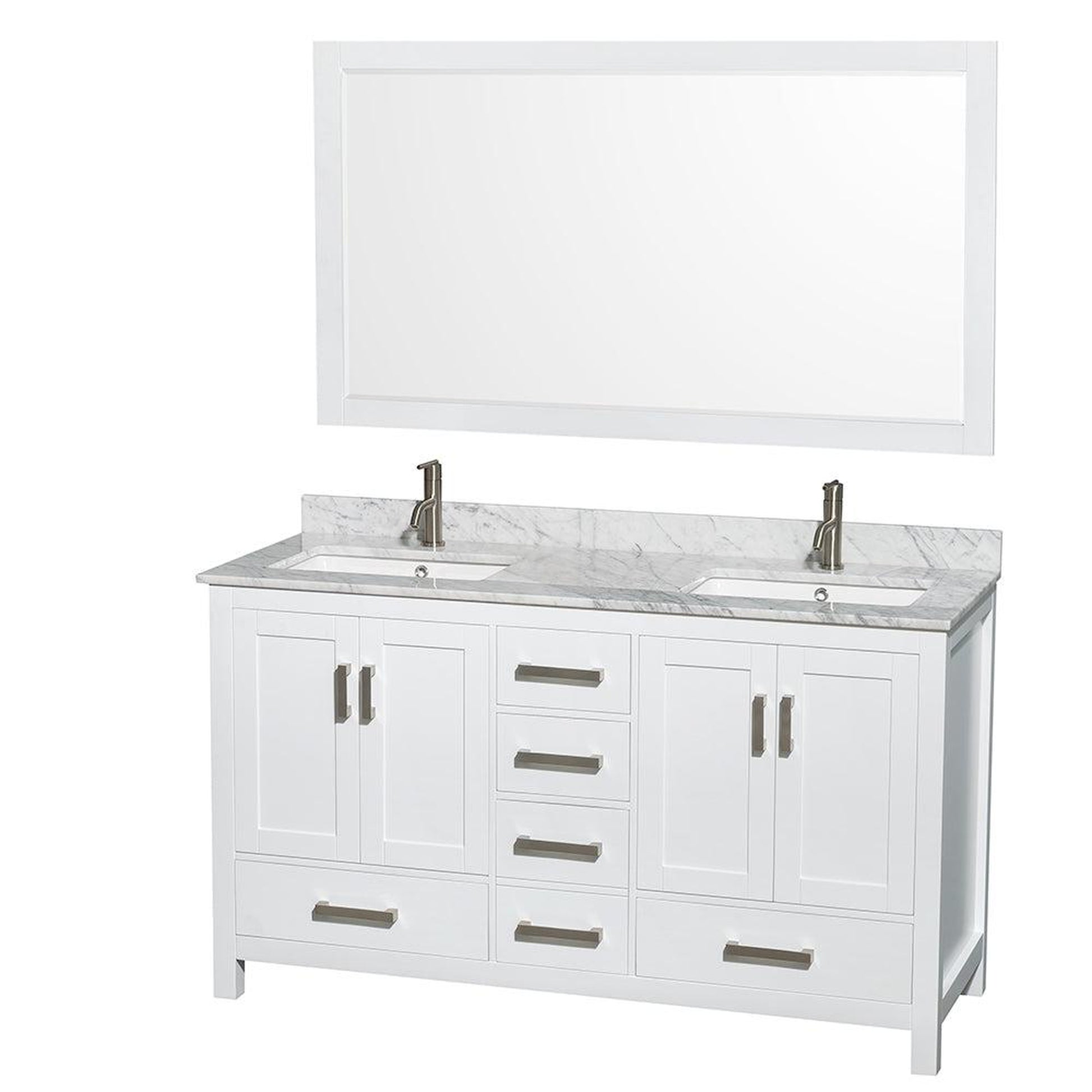 Wyndham Collection Sheffield 60" Double Bathroom Vanity in White, White Carrara Marble Countertop, Undermount Square Sinks, and 58" Mirror