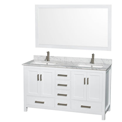 Wyndham Collection Sheffield 60" Double Bathroom Vanity in White, White Carrara Marble Countertop, Undermount Square Sinks, and 58" Mirror
