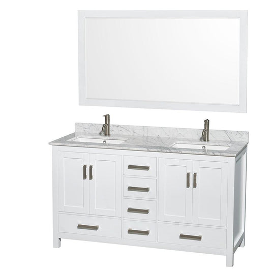 Wyndham Collection Sheffield 60" Double Bathroom Vanity in White, White Carrara Marble Countertop, Undermount Square Sinks, and 58" Mirror
