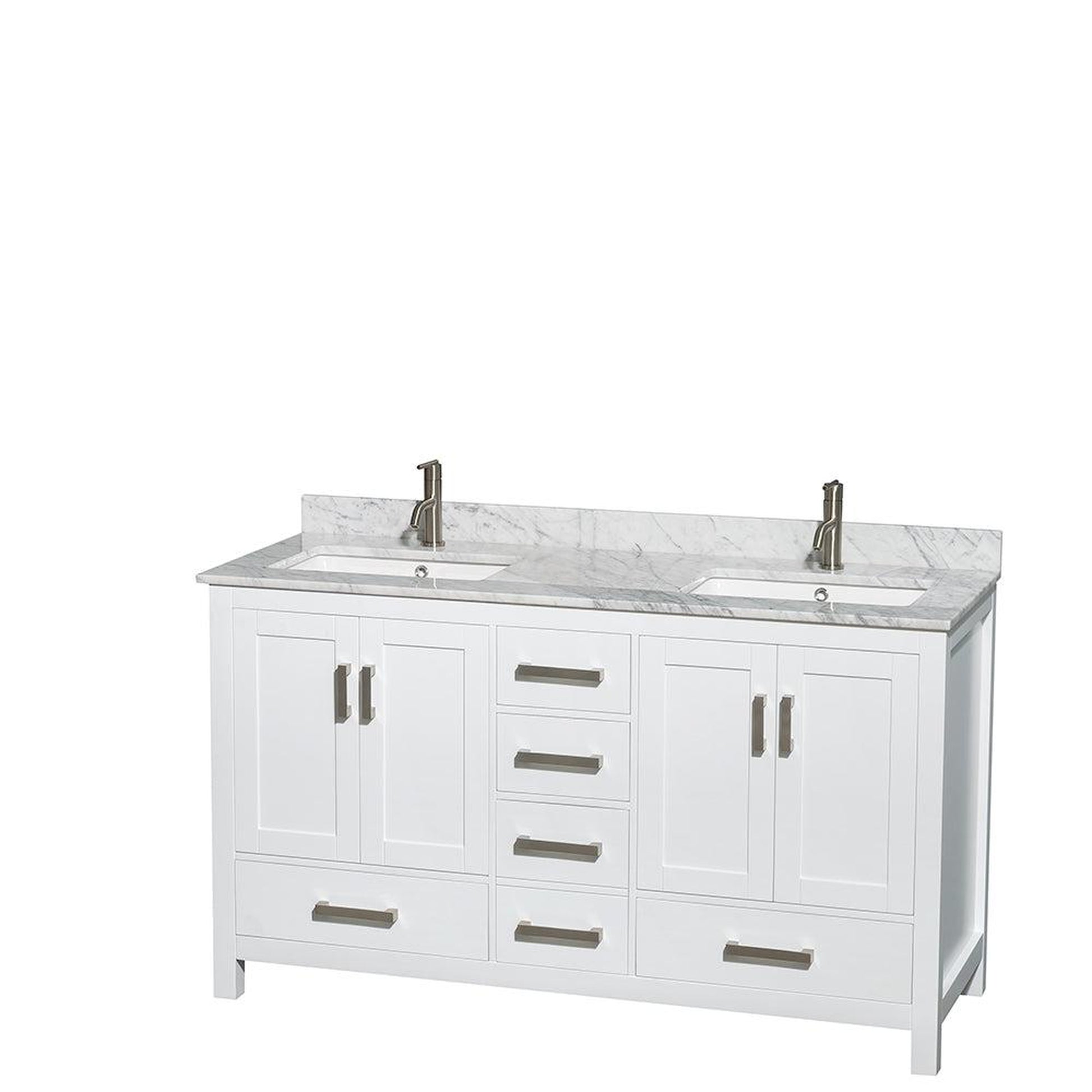 Wyndham Collection Sheffield 60" Double Bathroom Vanity in White, White Carrara Marble Countertop, Undermount Square Sinks, and Medicine Cabinet