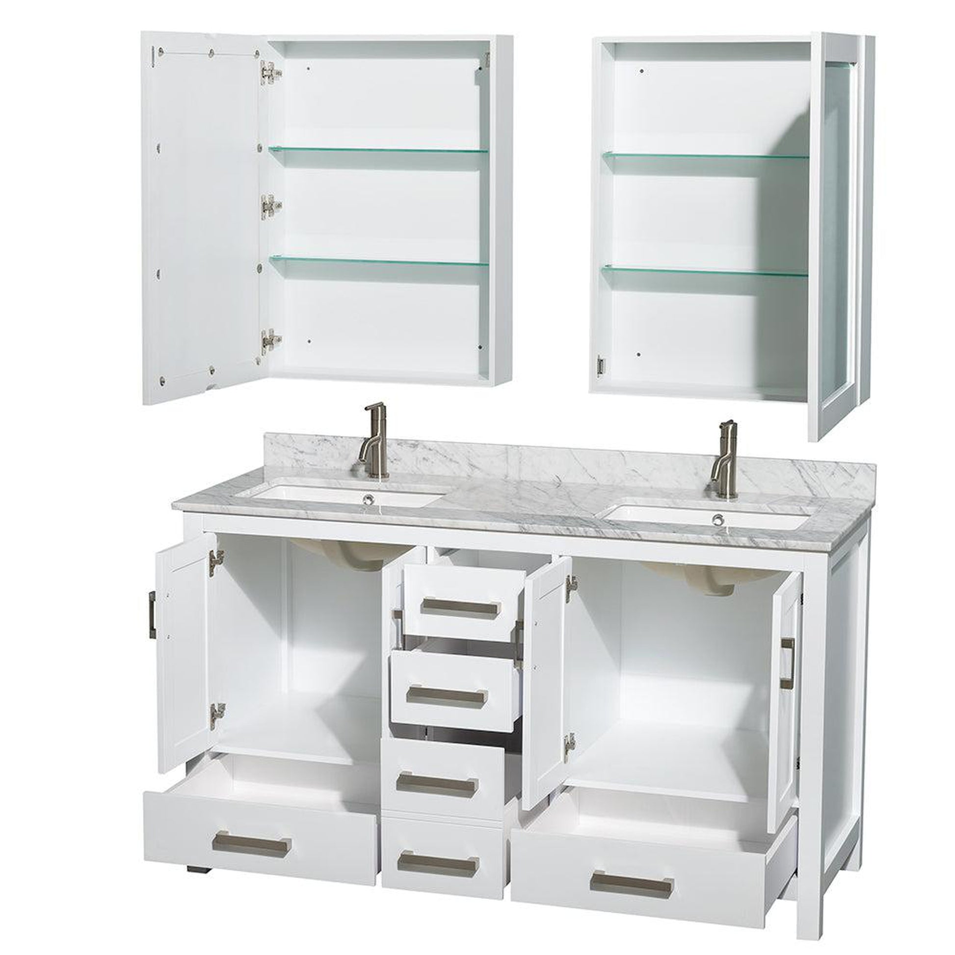 Wyndham Collection Sheffield 60" Double Bathroom Vanity in White, White Carrara Marble Countertop, Undermount Square Sinks, and Medicine Cabinet