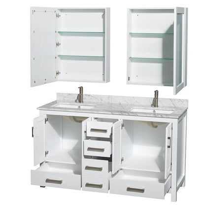 Wyndham Collection Sheffield 60" Double Bathroom Vanity in White, White Carrara Marble Countertop, Undermount Square Sinks, and Medicine Cabinet