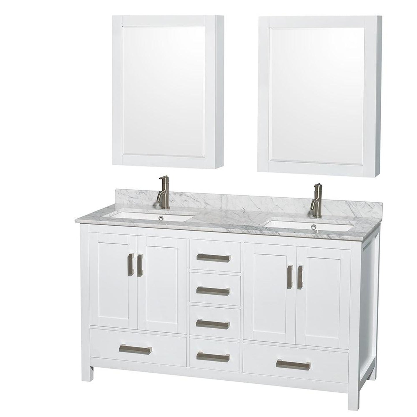 Wyndham Collection Sheffield 60" Double Bathroom Vanity in White, White Carrara Marble Countertop, Undermount Square Sinks, and Medicine Cabinet