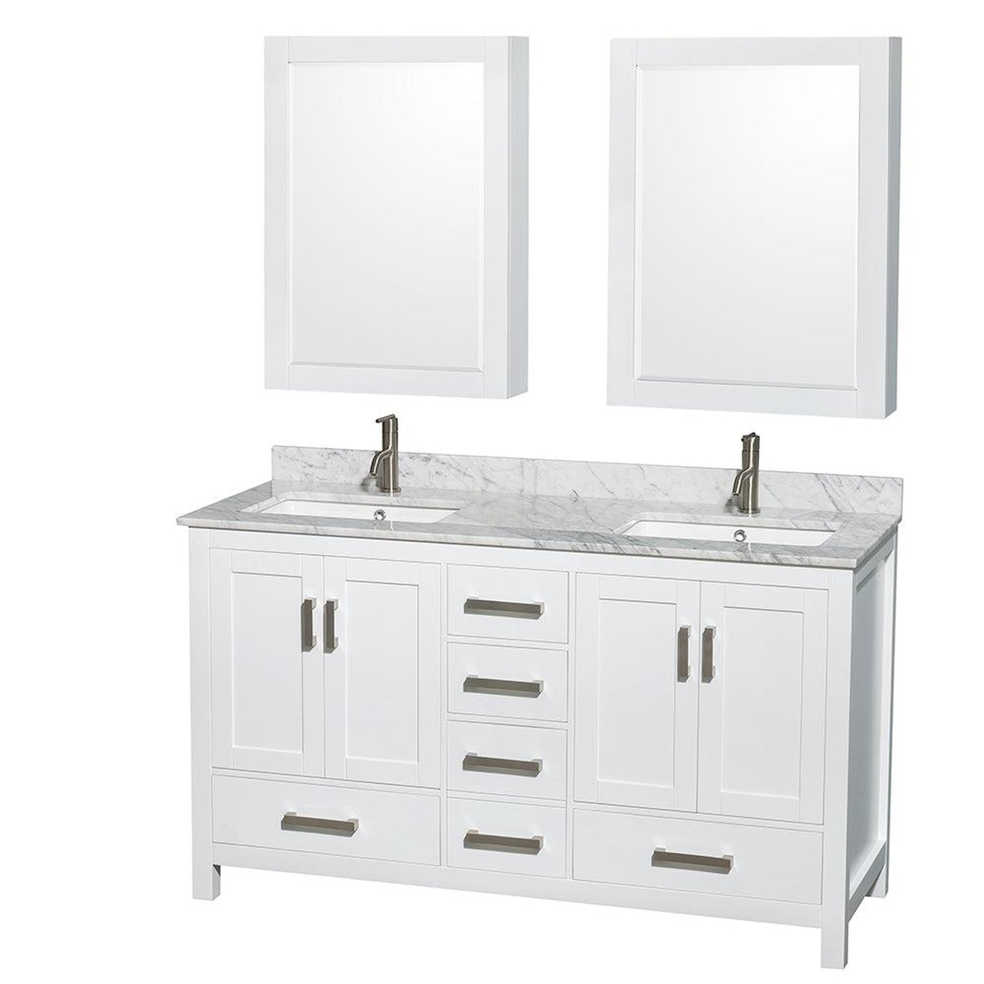 Wyndham Collection Sheffield 60" Double Bathroom Vanity in White, White Carrara Marble Countertop, Undermount Square Sinks, and Medicine Cabinet