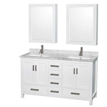 Wyndham Collection Sheffield 60" Double Bathroom Vanity in White, White Carrara Marble Countertop, Undermount Square Sinks, and Medicine Cabinet