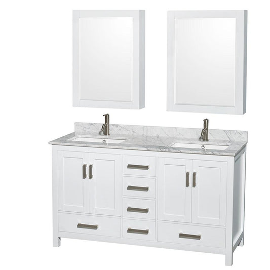 Wyndham Collection Sheffield 60" Double Bathroom Vanity in White, White Carrara Marble Countertop, Undermount Square Sinks, and Medicine Cabinet