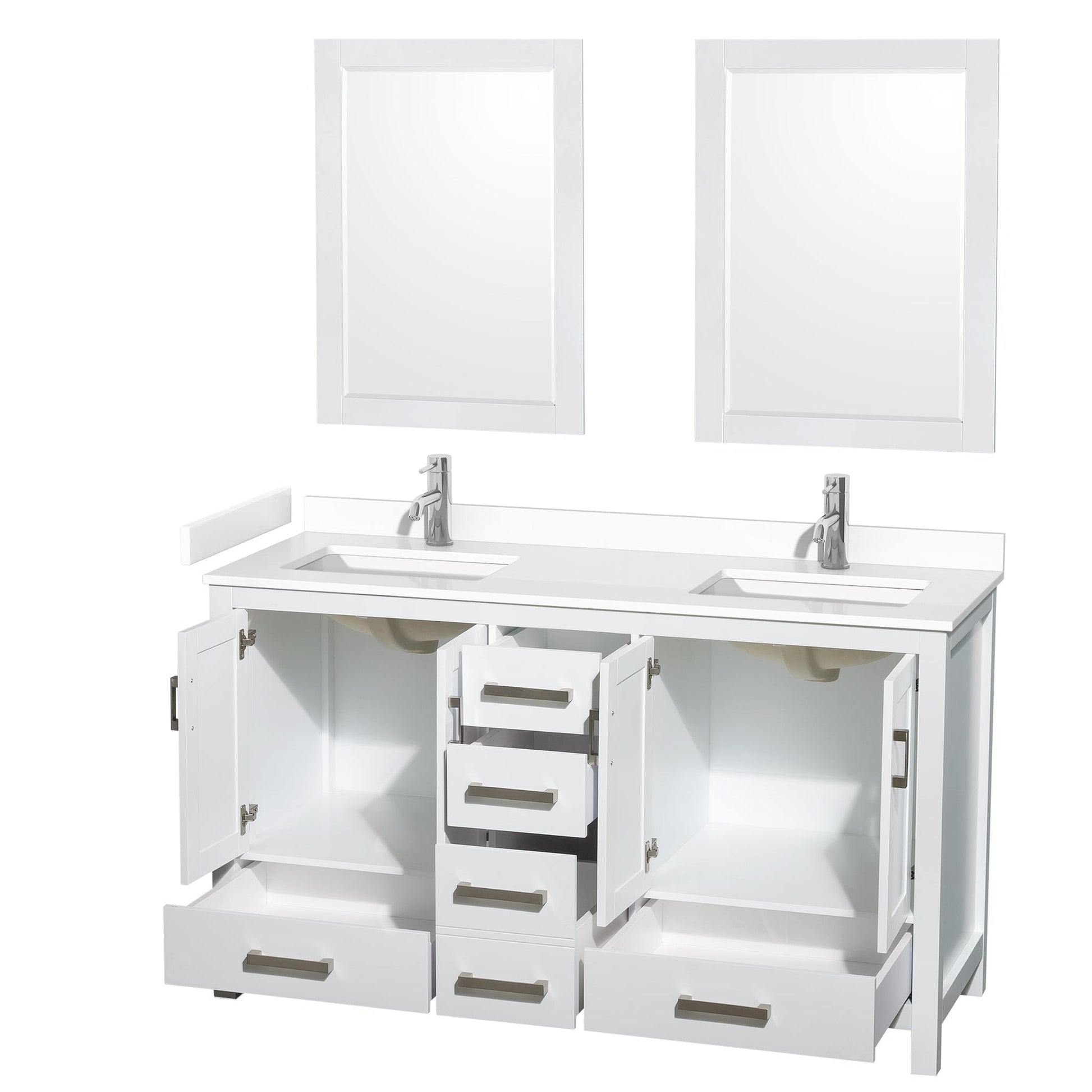 Wyndham Collection Sheffield 60" Double Bathroom Vanity in White, White Cultured Marble Countertop, Undermount Square Sinks, 24" Mirror