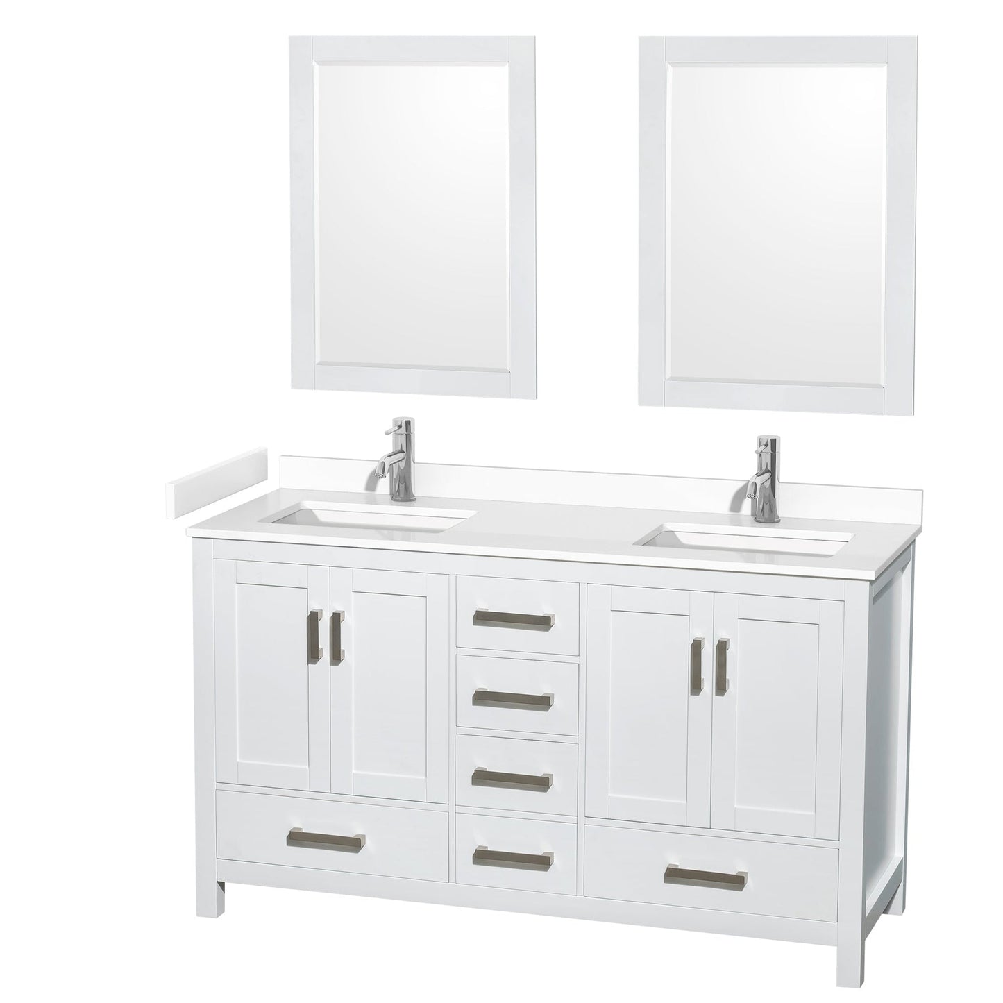Wyndham Collection Sheffield 60" Double Bathroom Vanity in White, White Cultured Marble Countertop, Undermount Square Sinks, 24" Mirror
