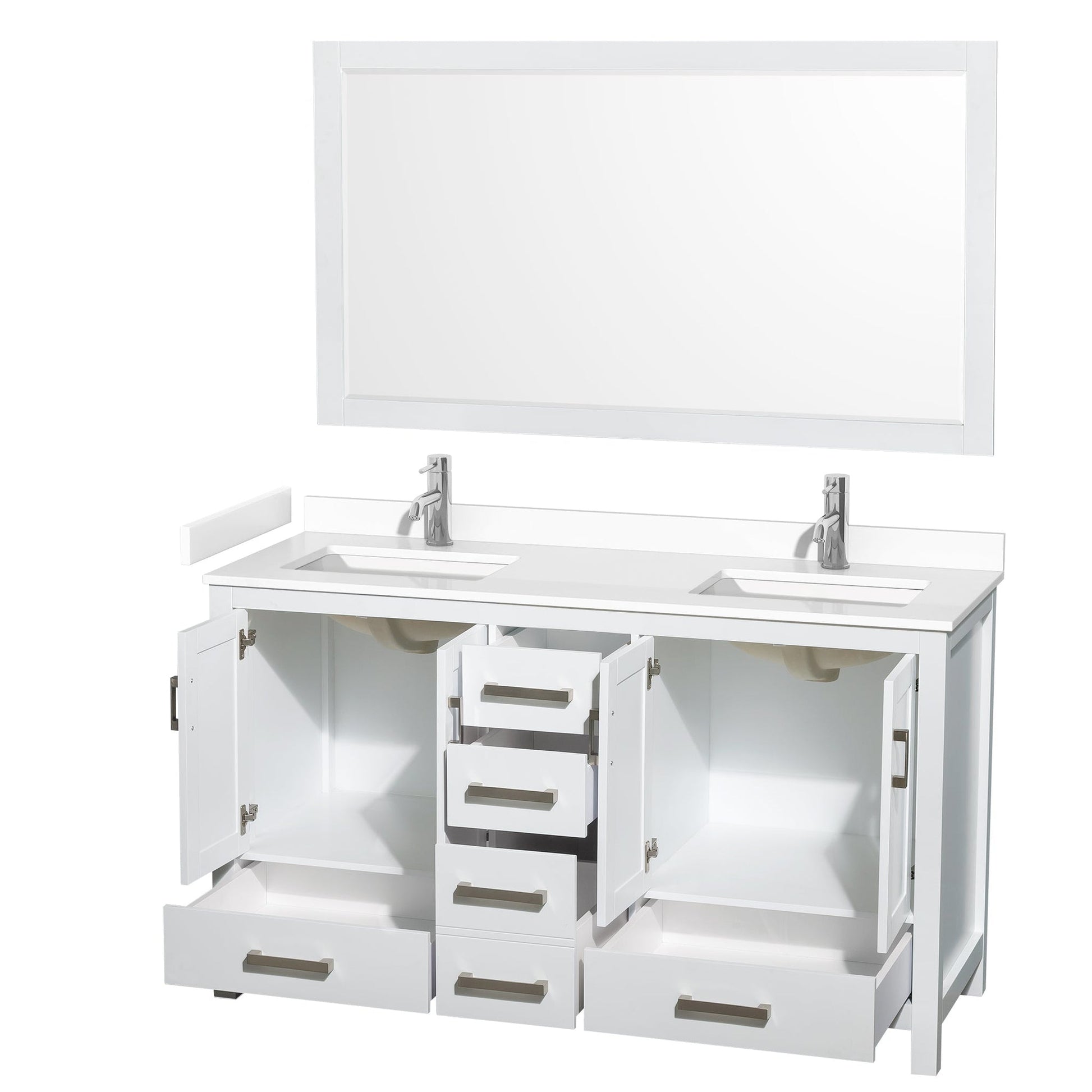 Wyndham Collection Sheffield 60" Double Bathroom Vanity in White, White Cultured Marble Countertop, Undermount Square Sinks, 58" Mirror