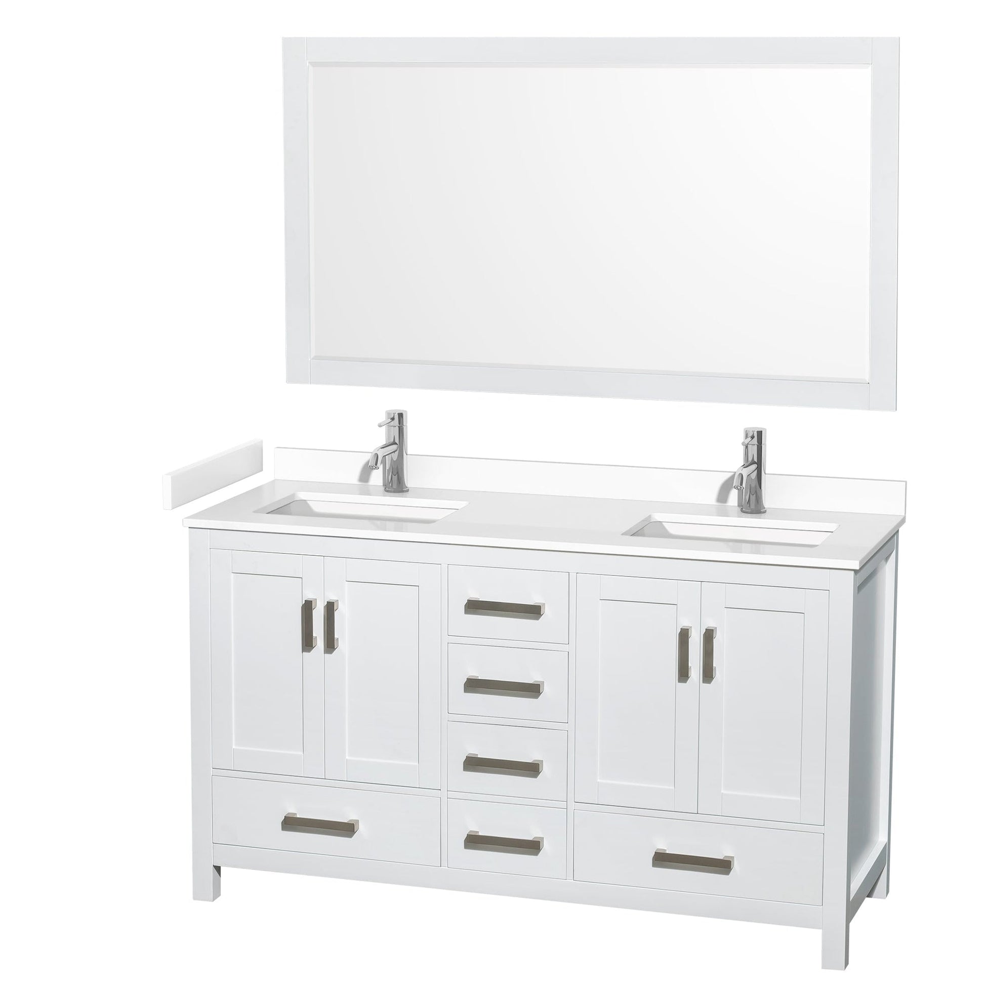 Wyndham Collection Sheffield 60" Double Bathroom Vanity in White, White Cultured Marble Countertop, Undermount Square Sinks, 58" Mirror