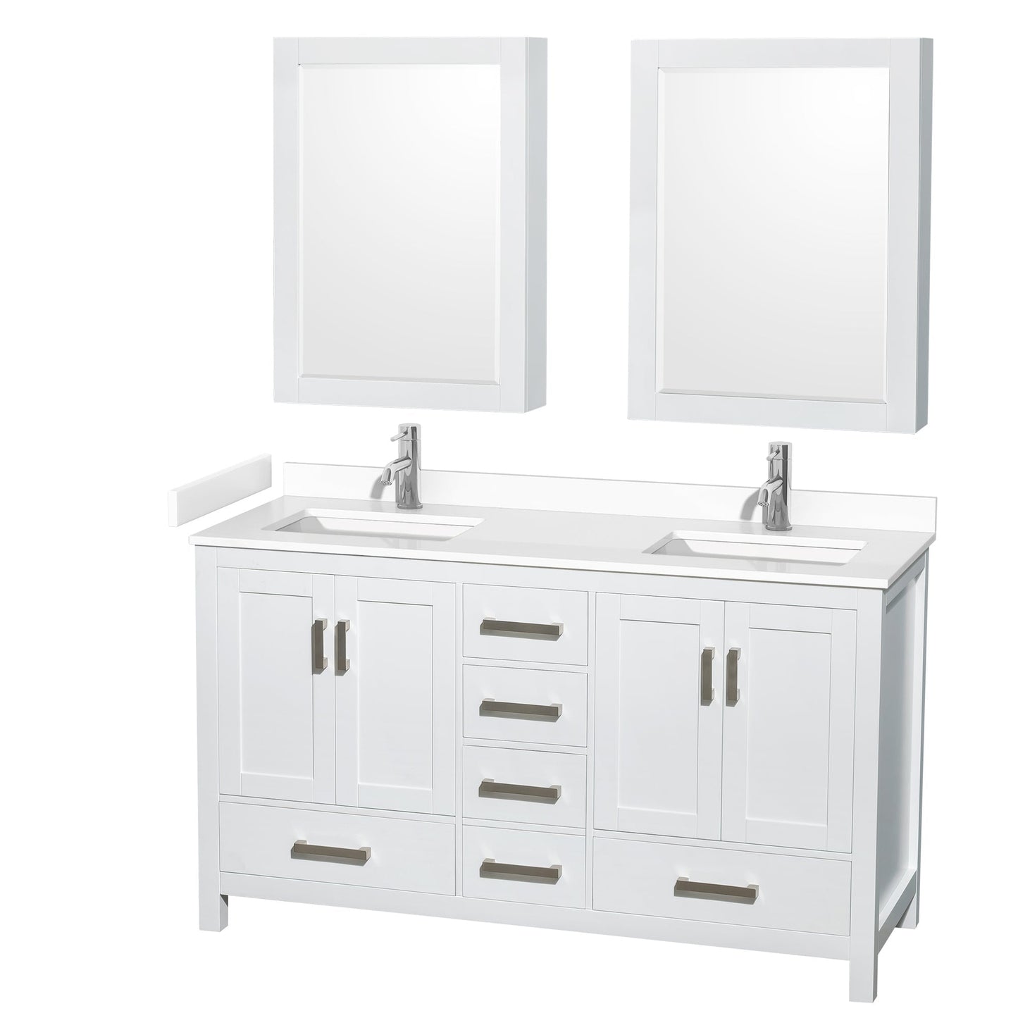 Wyndham Collection Sheffield 60" Double Bathroom Vanity in White, White Cultured Marble Countertop, Undermount Square Sinks, Medicine Cabinet